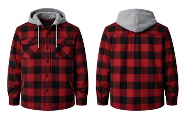 Mens Long Sleeve Red and Black Plaid Hooded Flannel Jacket Front and Back View Isolated on White