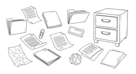 Line art illustration of office documents and a filing cabinet on white background