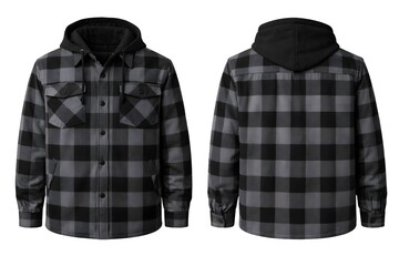 Mens Long Sleeve Black and Grey Plaid Hooded Flannel Jacket Front and Back View Isolated on White