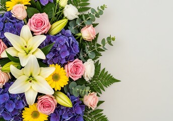 Obraz premium Floral arrangement with lilies, roses, hydrangeas, and daisies, for mockups