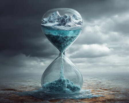 Climate change warning shows coastal flood risk with melting ice in hourglass symbolizing time running out for environment protection