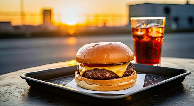 Shami Burger With Golden Edge Sunset Glare on a Gritty Urban Background