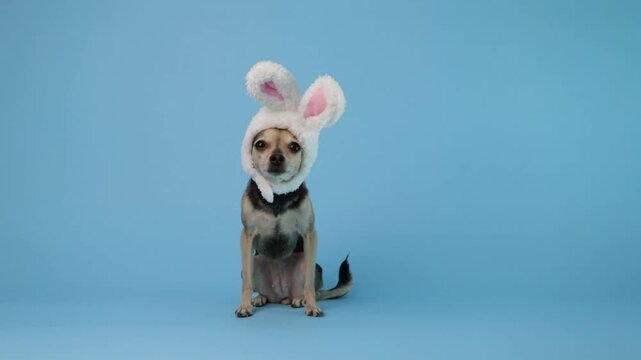dog in bunny costume, easter celebration greeting, springtime festive background