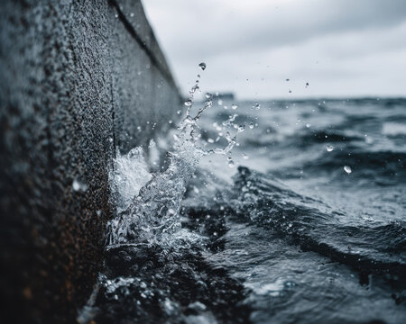Water splash hits coastal wall as flood warning signals climate change impact on rising sea levels and coastal safety measures