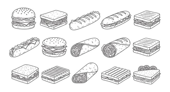 Line art illustration of various sandwiches and wraps, side view, on white background