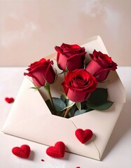 Liebesbrief mit rotem Herz. Gef&uuml;llter Umschlag mit roten Rosen.