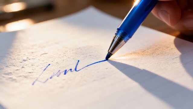 A close-up image of a blue ink pen writing on white paper.
