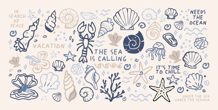 Ocean vacation shapes in retro cartoon style with seashells, starfish, lobster, jellyfish, coral, waves and marine elements inspired by seaside travel and underwater relaxation stickers
