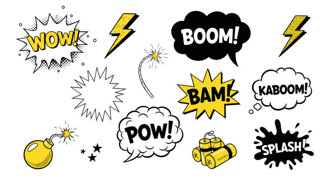 Comic Book Sound Effects Set with Speech Bubbles and Lightning