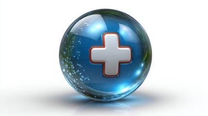 Fototapeta premium Transparent blue medical cross symbol on glass orb with water droplets