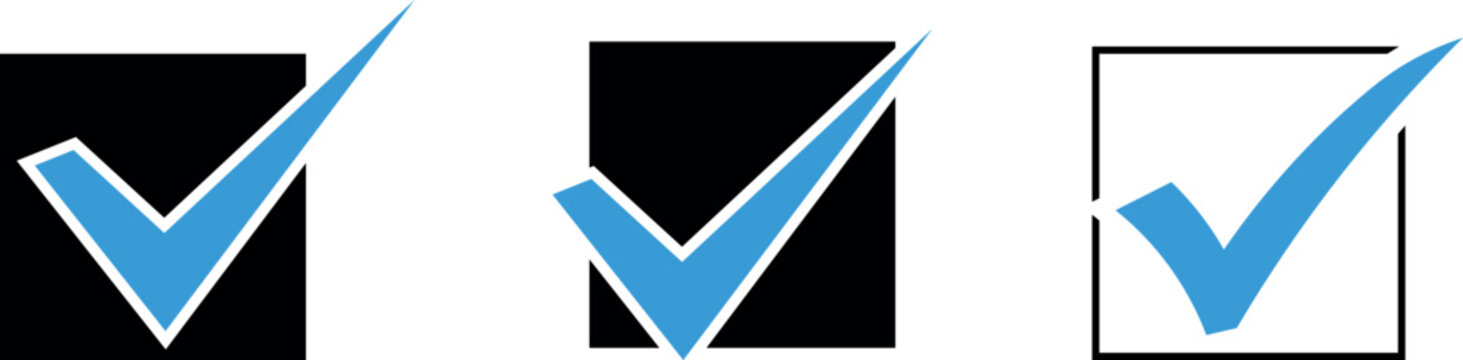 Checkmark icon set with blue tick marks in square checkboxe vector isolated on transparent background