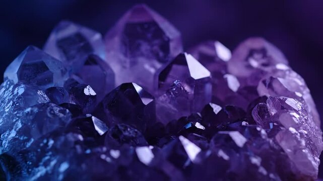 Close-up view of sparkling amethyst crystals. Deep purple and blue hues create a mystical and serene atmosphere.