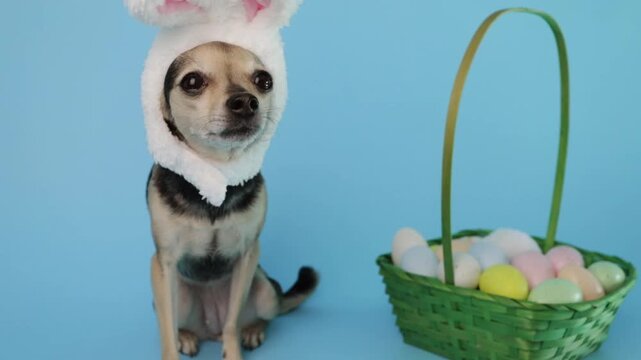 Funny dog dressed as a rabbit, sitting beside a decorated egg basket, holiday greeting design