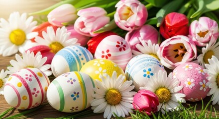 Fototapeta premium Vibrant Easter eggs nestle among fresh pink tulips and white daisies on grass.