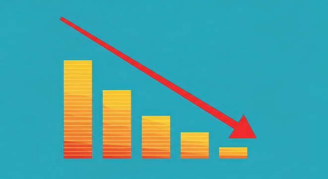 Bar Chart Decreasing with Red Arrow Down on Blue Background Representing Downturn, Decline, Loss, or Recession in Business, Finance, Economics, or Stock Market