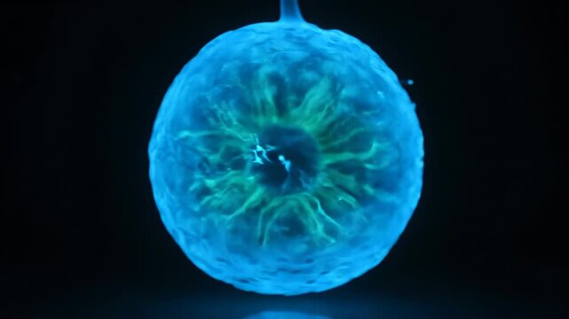 Abstract glowing blue orb pulsates with internal green energy.  Mysterious cosmic entity floats in dark void.