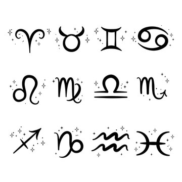 12 zodiac signs with stars. Celestial constellations, astrological and horoscope icons