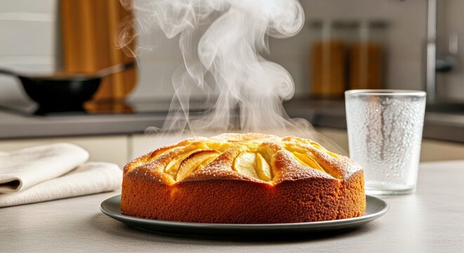 Steam Rising From a Warm Apple Cake on a Cozy Kitchen Countertop