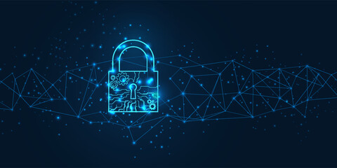 Padlock With Keyhole icon in personal data security Illustrates cyber data or information privacy idea. blue color abstract hi speed internet technology. © Musdalifah