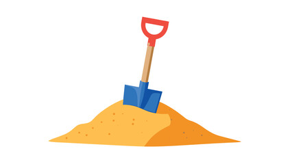 Small blue toy shovel with a red handle is stuck into a pile of yellow sand representing childhood play and beach activities.