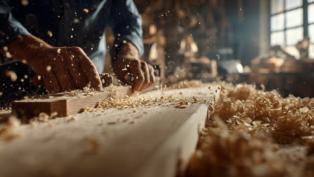 Master carpenter carefully planes wood, creating a cinematic shower of golden sawdust in a sunlit workshop, highlighting authentic craftsmanship and traditional woodworking techniques with precision.