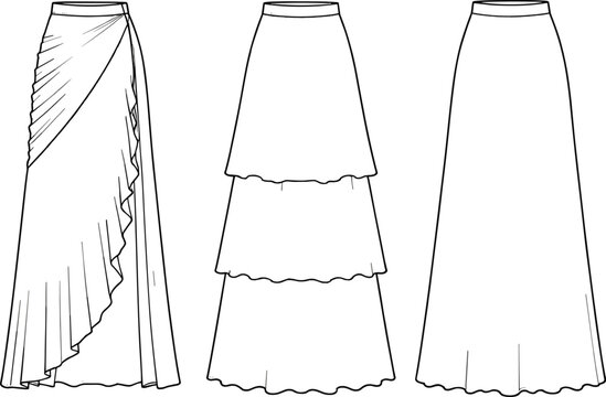 Women long skirt vector illustration set, front view fashion line art, layered ruffle and draped maxi skirt technical drawing template