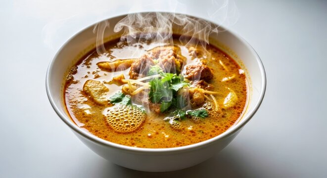 Steaming Hot Laksa Soup, Elevated Perspective With Glistening Broth and Aromatic Steam Rising