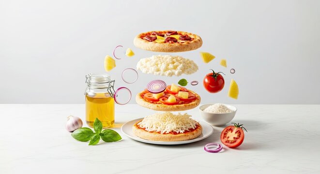 Stylized Flat Lay of Hawaiian Pizza Ingredients, Highlighting Fresh Quality