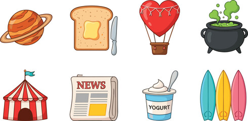 Vector Icon Collection Featuring Planet Saturn, Buttered Toast, Heart Hot Air Balloon, Witches Cauldron, Circus Tent, Newspaper, Yogurt, and Surfboards © Kulsum