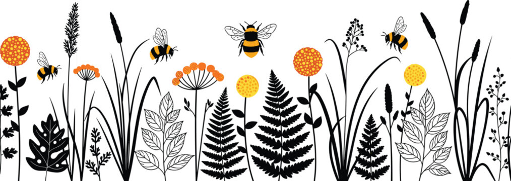 Wildflower meadow border with bumblebees and grass silhouettes for summer garden nature backgrounds and horizontal floral vector illustration design elements.