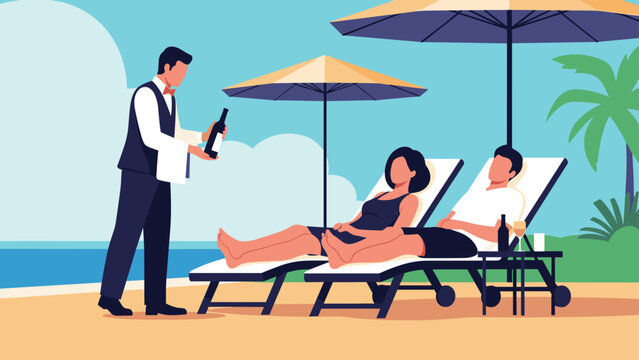 Professional waiter serves a bottle of wine to a couple relaxing on lounge chairs under umbrellas at a beautiful tropical beach resort.