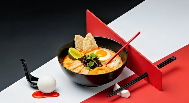 Stylized Laksa With Geometric Composition, Featuring Bold Colors and Clean Lines for a Modern Aesthetic