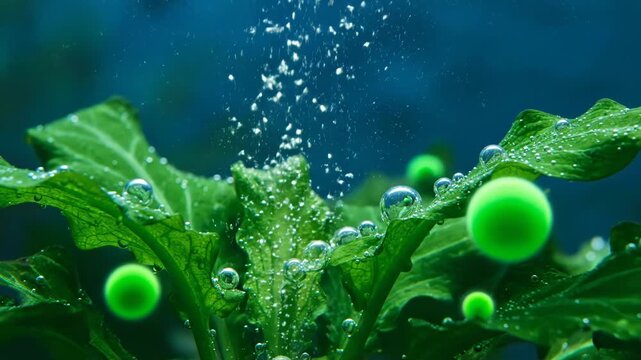 Bubbles rise from vibrant green aquatic plants. Lush underwater foliage thrives in clear blue water.