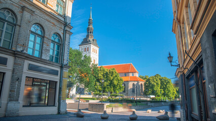 St. Nicholas Church (Niguliste) and Harju Street in Tallinn Old Town, Estonia