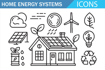 Renewable Home Energy Line Icon Set with Solar Panels Battery Storage and Wind Turbine