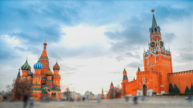 Saint Basil's Cathedral and Spasskaya Tower at Red Square in Moscow at sunset