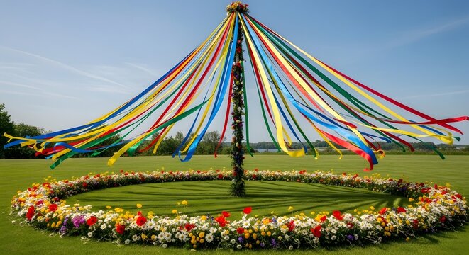 Vibrant maypole festival decoration with colorful ribbons and flowers