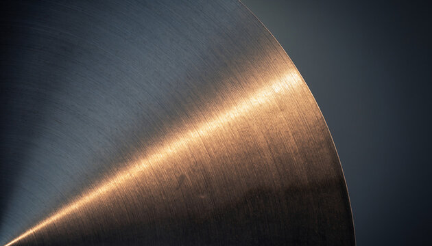 A close-up view of a metallic surface with a brushed finish and a subtle sheen, illuminated to highlight its texture and curvature from a low angle perspective indoors.