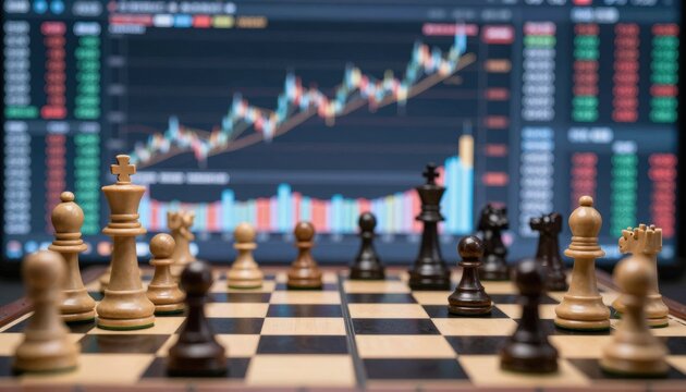 Analyzing trading growth and volatility risks through chess strategies in financial markets business environment close-up view