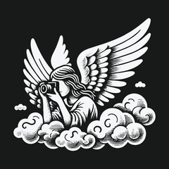 Fototapeta premium Angel Photographer in the Clouds: Capturing Celestial Moments with Precision.