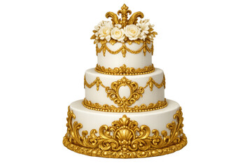 Naklejka premium White three tier wedding cake with golden baroque ornament