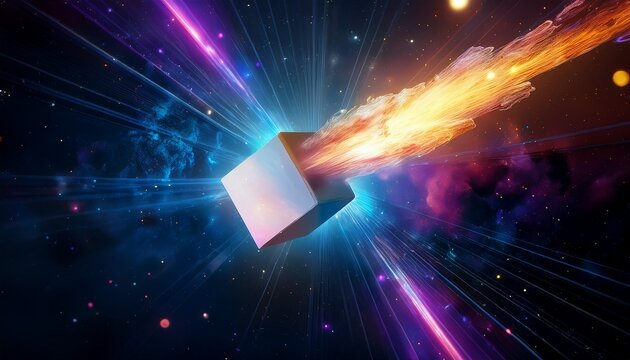 cube comet rotating through colorful aura cosmic background cinematic realism