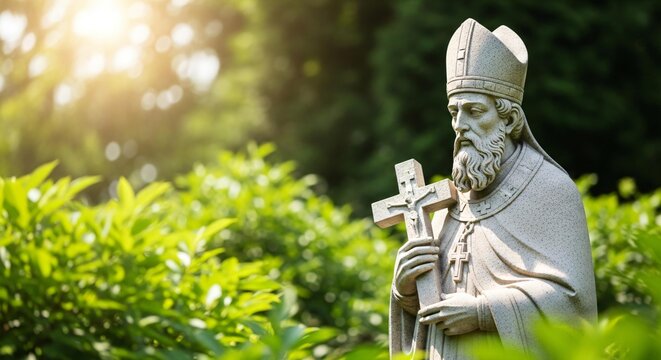Statue of St. Patrick with Greenery Background