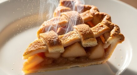 Delicious slice of homemade apple pie on a white plate