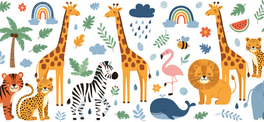 Obraz premium Cute Safari Animal Vector Collection Featuring Giraffes, Lion, Zebra, and Flamingo with Rainbow and Tropical Leaf Elements for Children’s Nursery Decor and Apparel