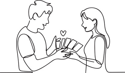 Man and woman exchanging money with a heart above in a simple line illustration