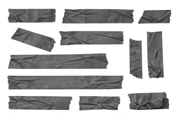 Obraz premium Adhesive dark grey duct tape pieces, crumpled and creased, creating a realistic grunge texture, isolated with a transparent background
