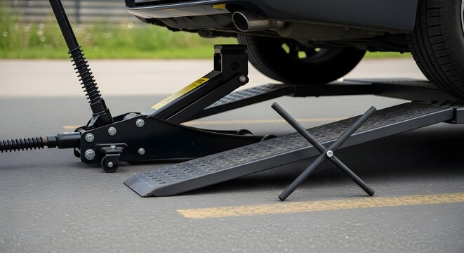 Car parked on a hydraulic parking boot with a yellow line on the road