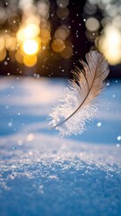 Eine Feder fliegt auf eine Schneedecke unter einem hellen Winterhimmel mit sanftem Schneefall.