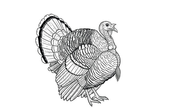 Detailed vintage style line drawing illustration of a large male turkey with its tail feathers fanned out on white background.